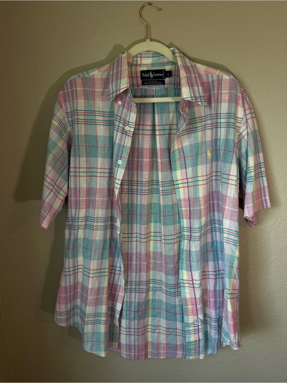 Ralph Lauren Pastel Madras Plaid Cotton Button Up Shirt Large Preppy Coastal